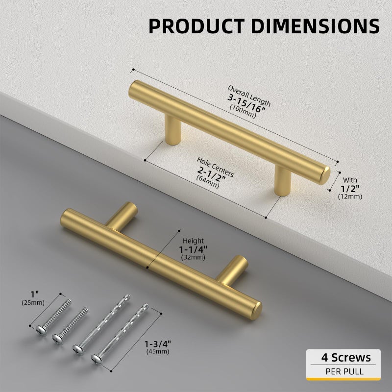 Goldenwarm 10 Pack 2-1/2 inch Gold Cabinet Handles Brushed Gold Cabinet Pulls Stainless Steel Drawer Pulls, Durable Kitchen Cabinet Handles - Bathroom Bedroom Dresser Handles Easy DIY Upgrade - Image 3